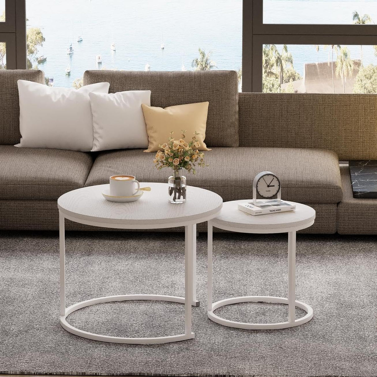Garden 4 you Nesting Coffee Table, 23.6" Round Coffee Table Set of 2, Wooden Nesting Table Set with Metal Frame, Side Tables for Living Room Bedroom Balcony, White Garden 4 you