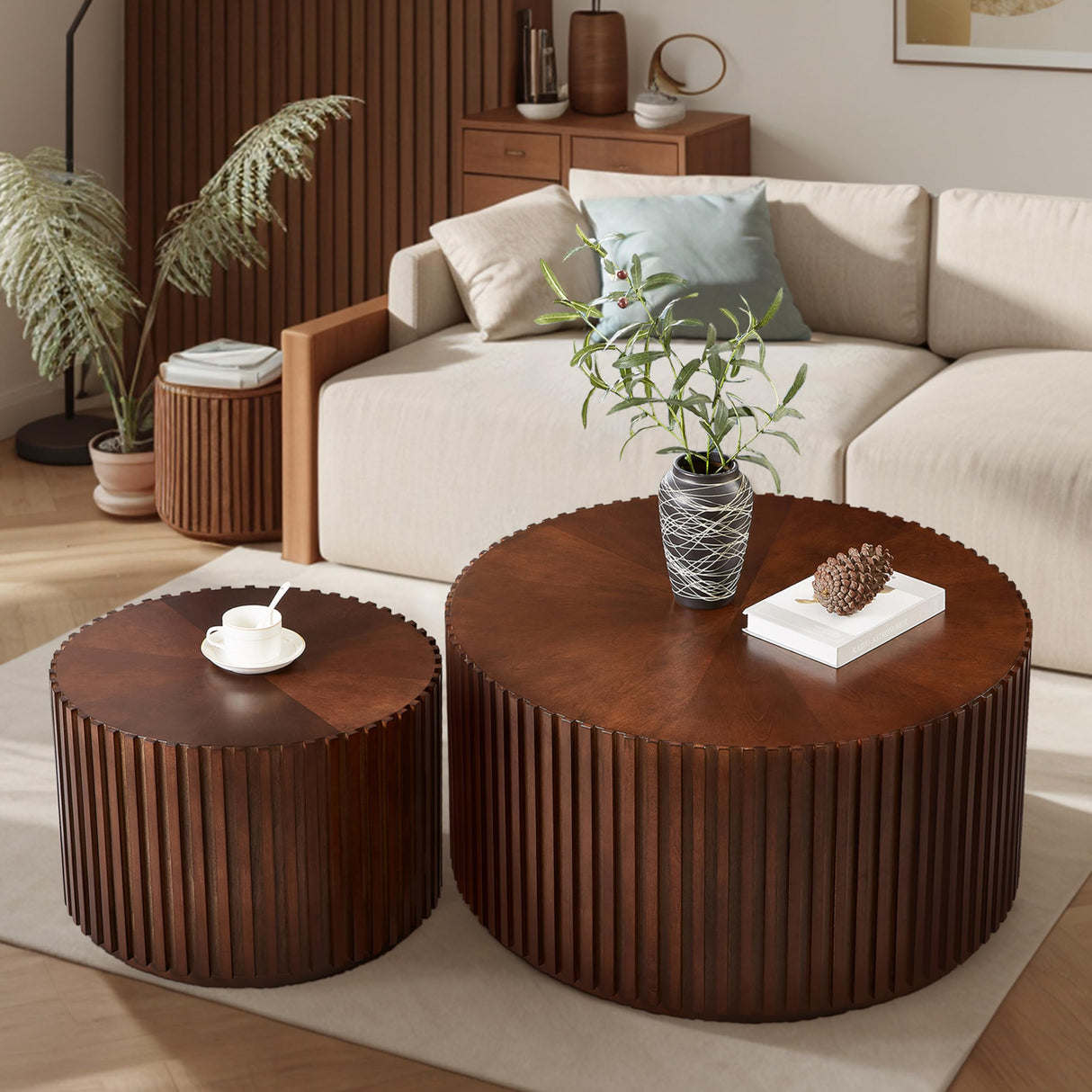 DS-HOMEPORT Nesting Round Wood Coffee Table Set of 2, Handcraft Drum Side Table End Table for Living Room, Modern Circle Wooden End Table Set for Small Space, No Need Assembly(Espresso,31x31x16 in) DS-HOMEPORT