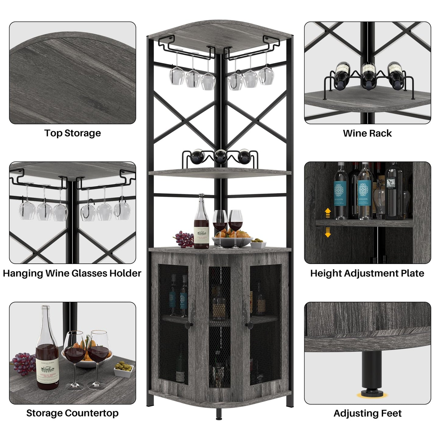 Aufvolr Bar Cabinet w/Wine Rack and Glass Holder, Corner Cabinet with Mesh Door, Corner Bar Cabinet with Adjustable Shelf, Liquor Cabinet Bar for Home (Grey