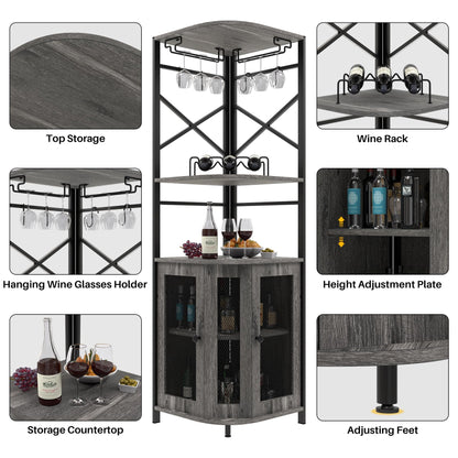 Aufvolr Bar Cabinet w/Wine Rack and Glass Holder, Corner Cabinet with Mesh Door, Corner Bar Cabinet with Adjustable Shelf, Liquor Cabinet Bar for Home (Grey