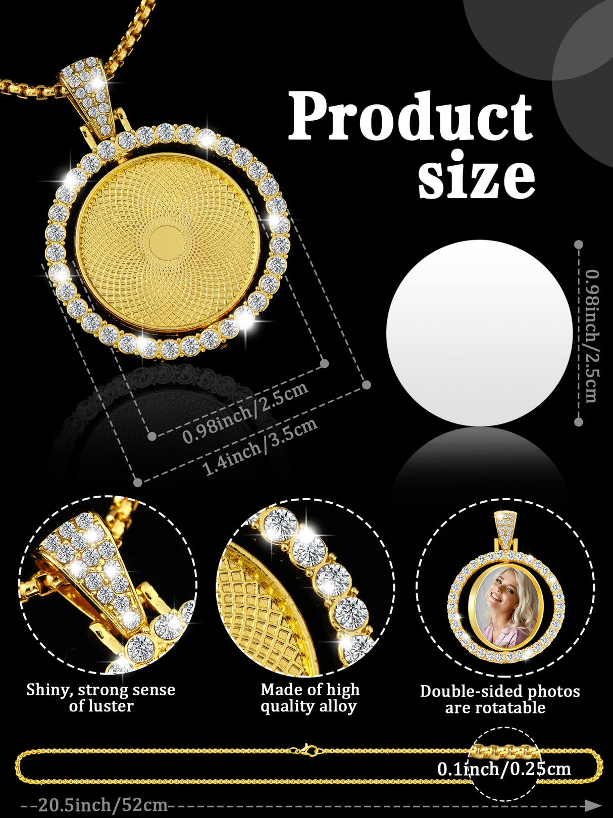 Fumete 24 Pcs Sublimation Rhinestone Pendant Set Including Round Rhinestone Bezel Trays Double Sided Blank Pendant Charms Thick Chains Sublimation Discs for Christmas DIY Making(Gold, White) Fumete