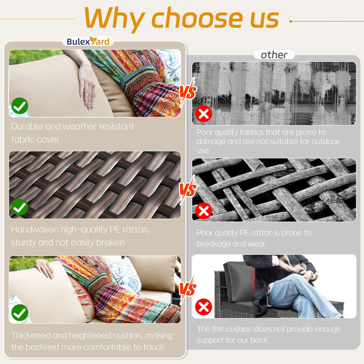 BULEXYARD 7 Pcs High Back Patio Furniture Set with Fire Pit Table Propane/Natural Gas Dual Fuel, All-Weather Outdoor Sectional Couch, Comfy Backyard Seating for Exterior, Brown Wicker & Beige Cushion BULEXYARD