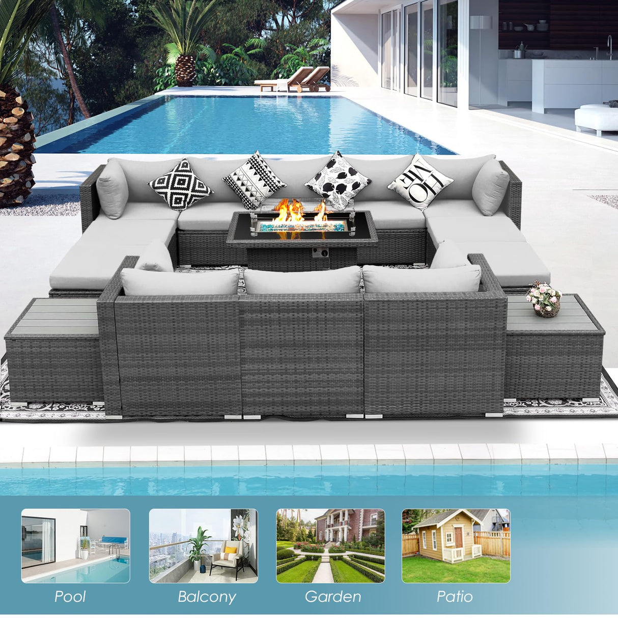 RADIATA PE Wicker Patio Furniture Set Sectional High Back Large Size Sofa Sets with Propane Fire Pit Table 55000 BTU Balcony Rattan Lounge Conversation Sets for Outdoor (15 Pieces,Light Gray) RADIATA