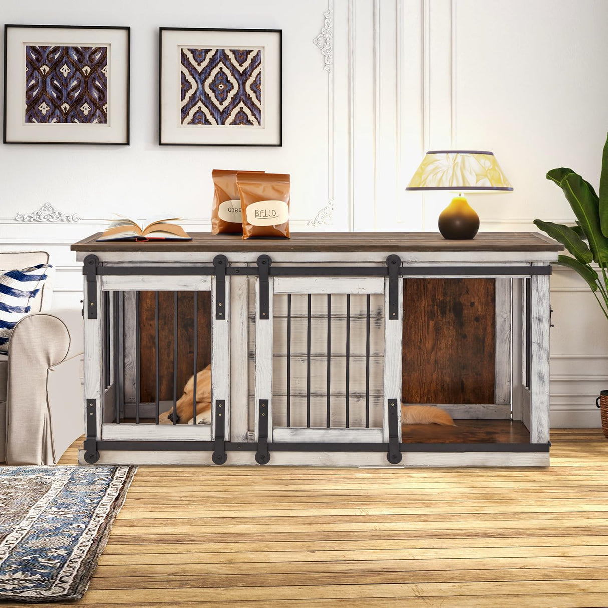 Erinnyees Large Dog Crate Furniture, 62.5'' Solid Wood Furniture Style Dog Crate with Removable Divider, Bite Resistant Dog Kennel Indoor, Dog Cage with Double Sliding Barn Door Design, White Erinnyees