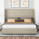 Jocisland King Size Bed Frame with Lift Storage Bed Linen Platform Bed with Wingback Headboard/Hydraulic Storage/No Box Spring Needed/Wood Slats Support/Khaki Jocisland
