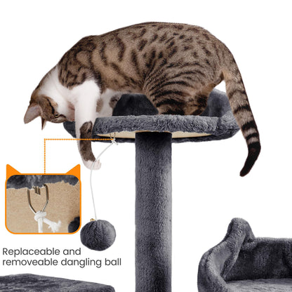 Yaheetech XL Cat Tree, 72in Multi-Level Cat Tower with 2 Cozy Caves, 3 Soft Perches, Scratching Posts, Board, and Dangling Ball, Cat Furniture Cat Play House Kittens, Dark Gray