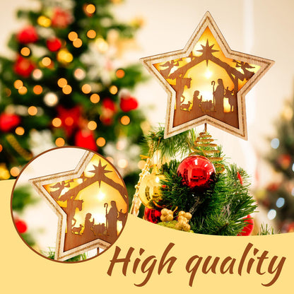 Craftsatin 9.2 x 7.8 Inch Brown Wood Christmas Tree Topper Golden Star Nativity Tree Topper Star of Bethlehem with LED Light for Christmas Party Decoration Tabletop Display Housewarming Birthday Gift