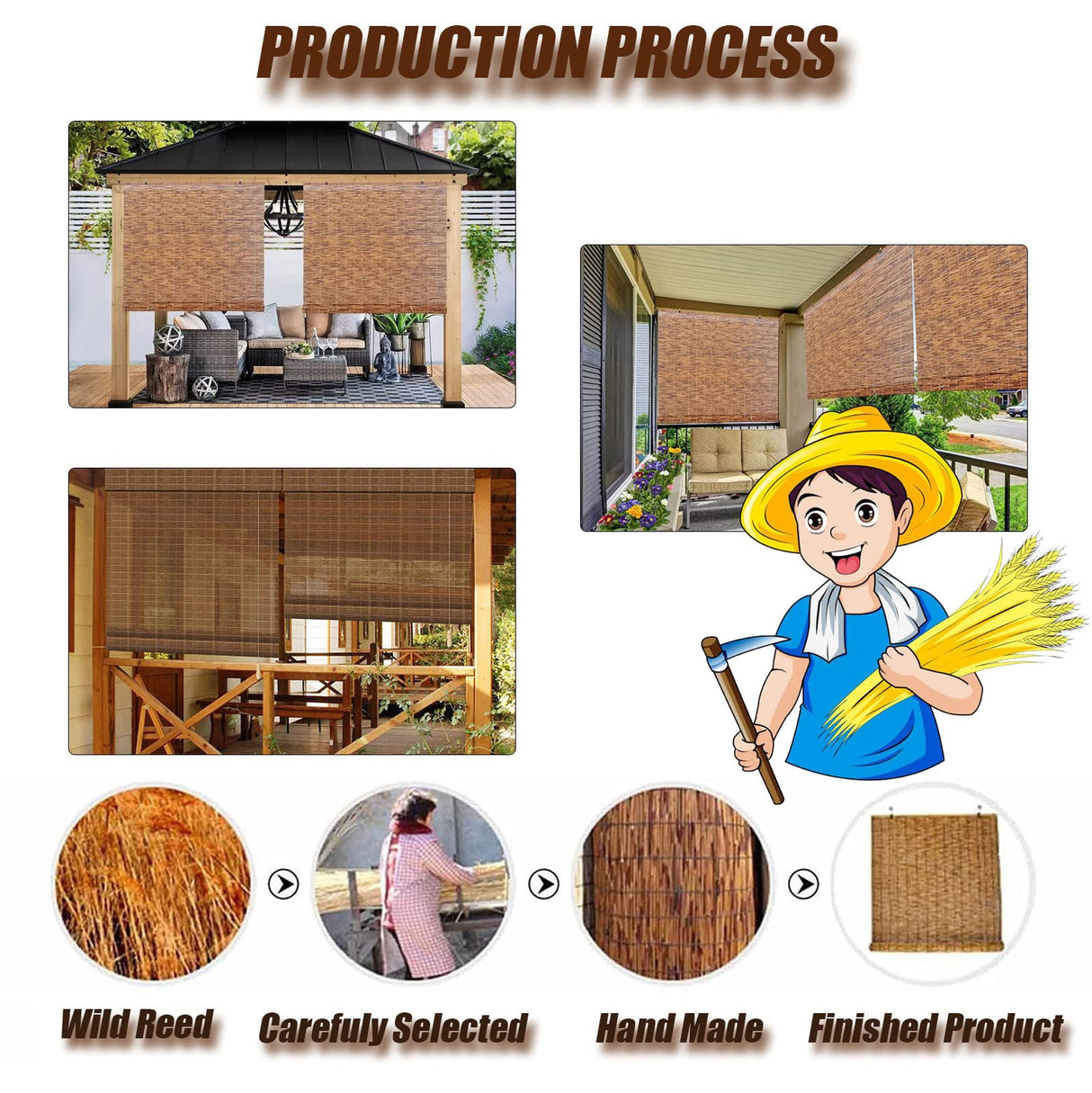 OCAZI Bamboo Shades Outdoor/Indoor Bamboo Roller Blinds Retro Brown 3659in (WH) Reed Shades with Lift OCAZI