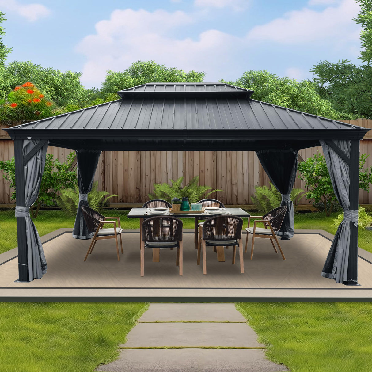 Kozyard Alexander 12' X 16' Hardtop Gazebo, Aluminum Metal Gazebo with Galvanized Steel Double Roof Canopy, Curtain and Netting, Permanent Gazebo Pavilion for Patio, Backyard, Deck, Lawn (Gray) Kozyard