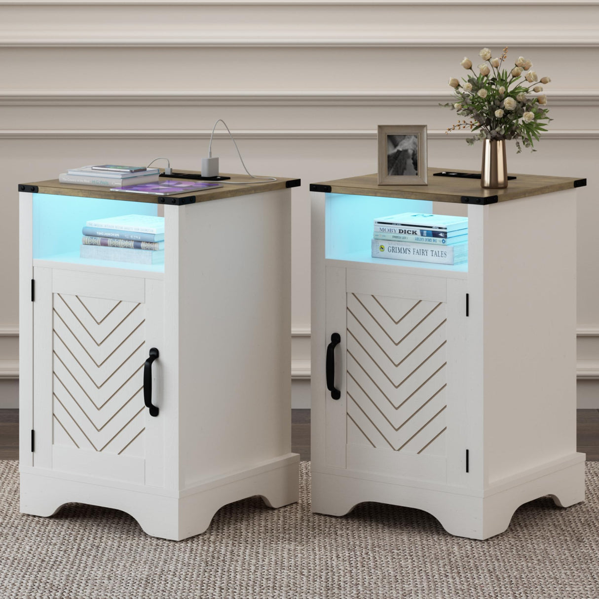 RoyalCraft Farmhouse Nightstand, White Night Stand with LED Lights and Charging Station, Bedside Table Set of 1 with Storage and Door, Wood End Table for Bedroom, Home Office, Antique White RoyalCraft