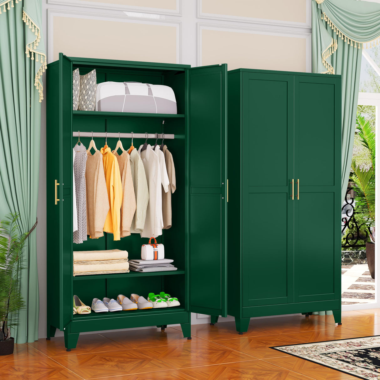 GAIOUS Metal Wardrobe Cabinet with Hanging Rod, 71" Metal Clothing Storage Cabinets with 2 Doors and Adjustable Shelves, Green Armoire Wardrobe Closet for Bedroom, Laundry Room, Cloak Room GAIOUS