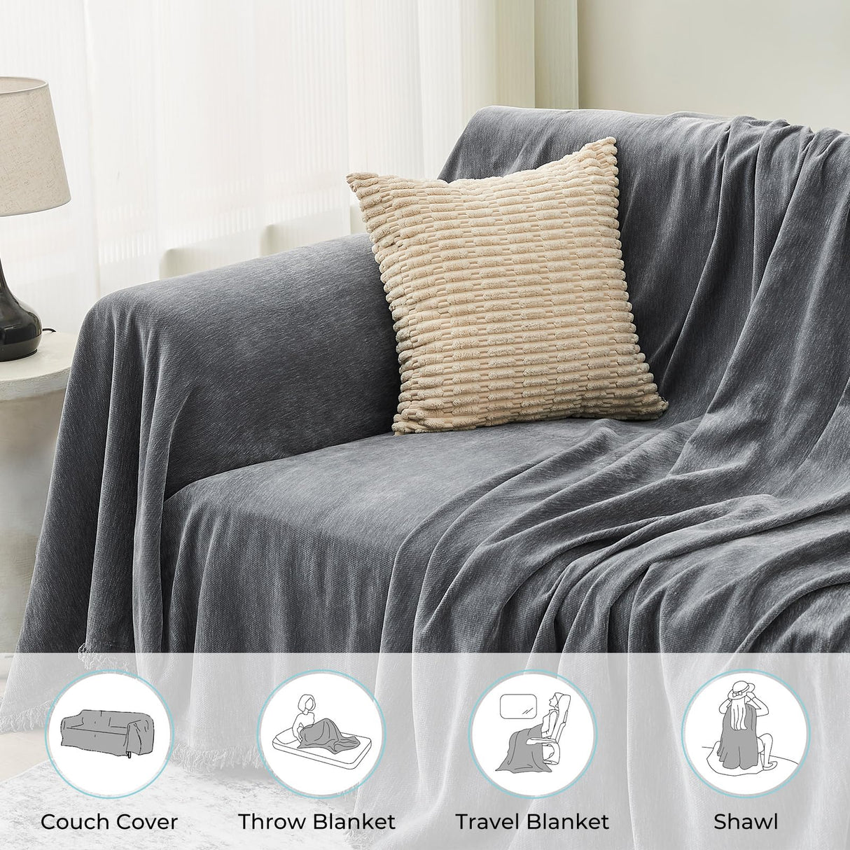 CAPALOCA Sectional Couch Covers, 2 Pieces Chenille Sofa Cover L Shaped Couch Cover Blanket for Dogs Washable Sofa Slipcovers Pet Furniture Protector (X-Large: 71" x 110" + 71" x 118", Dark Gray) CAPALOCA