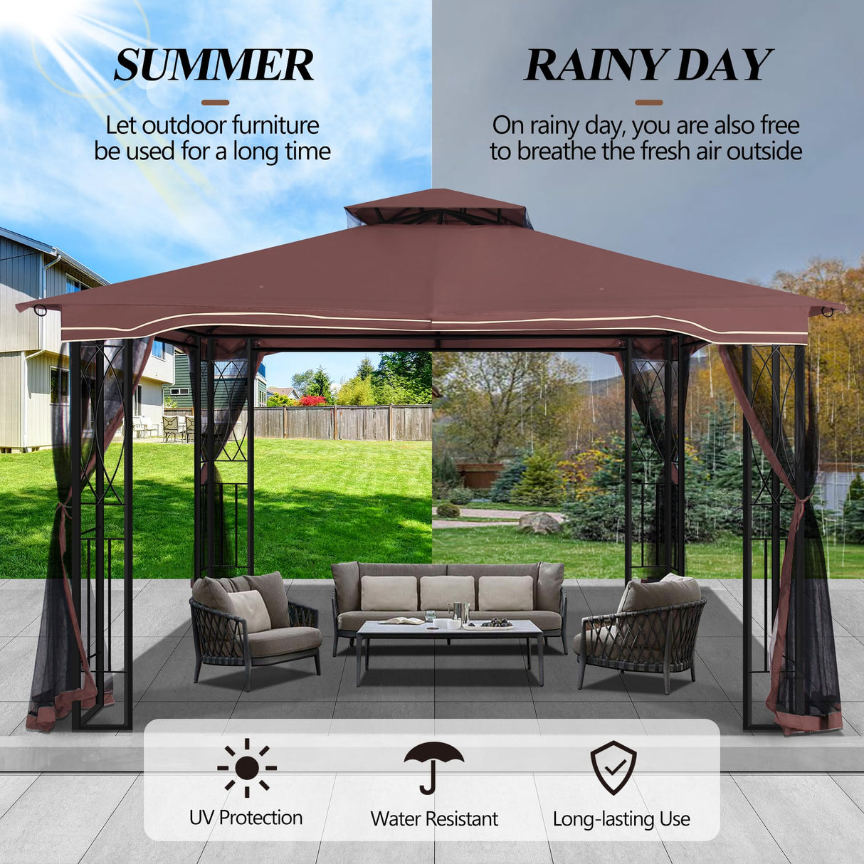 GARTOO 11'x13' Outdoor Patio Gazebo - Porch Gazebo with Polyester Roof & Breathable Netting, Best for Garden, Lawn, Backyard Deck (Chocolate) GARTOO
