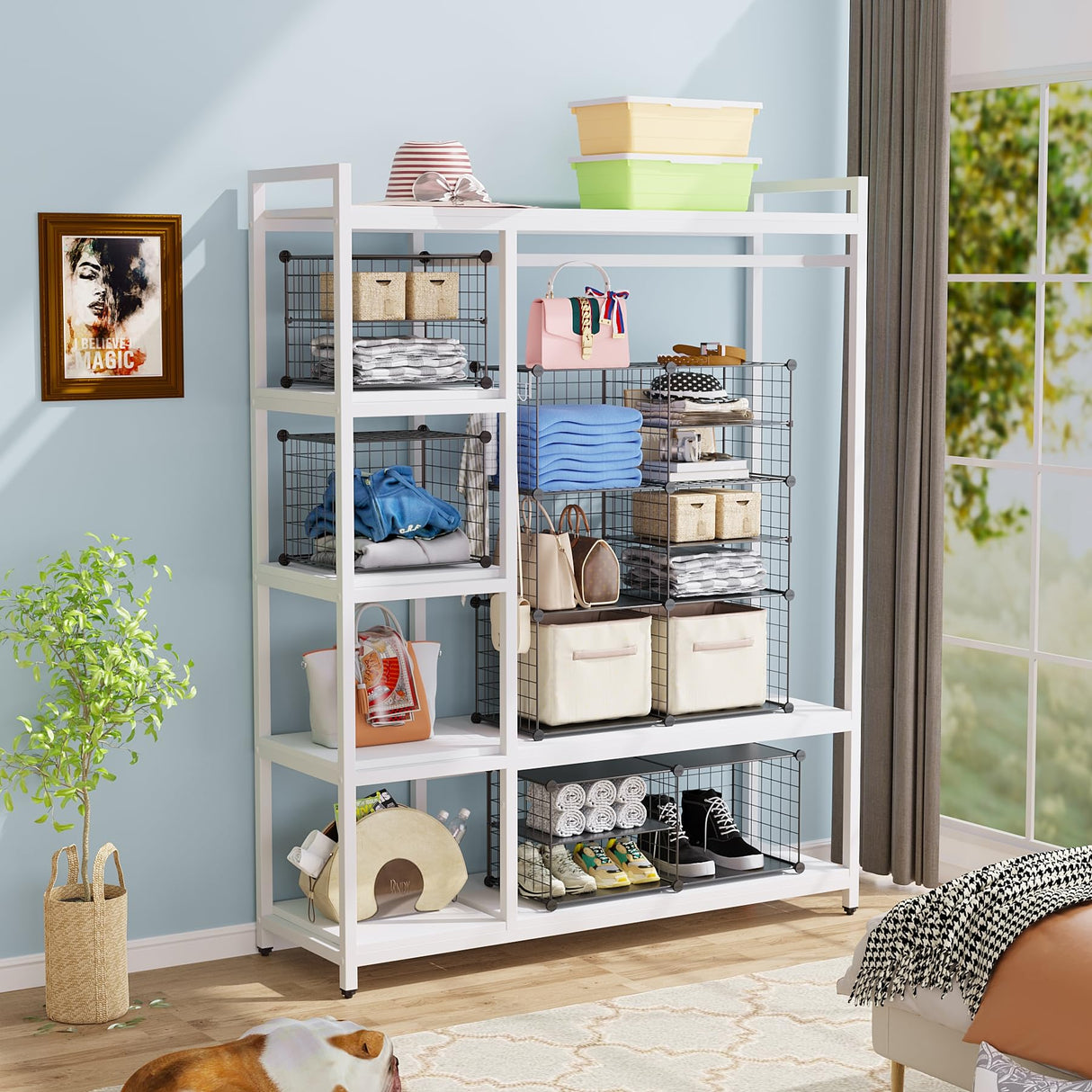 C&AHOME Wire Cube Storage Unit, Interlocking Metal Wire Organizer with Divider Design, Modular Cabinet with Plastic Panels, Bookshelf Stackable Closet Organizer with Small Hooks, Black UWCSIM08B C&AHOME