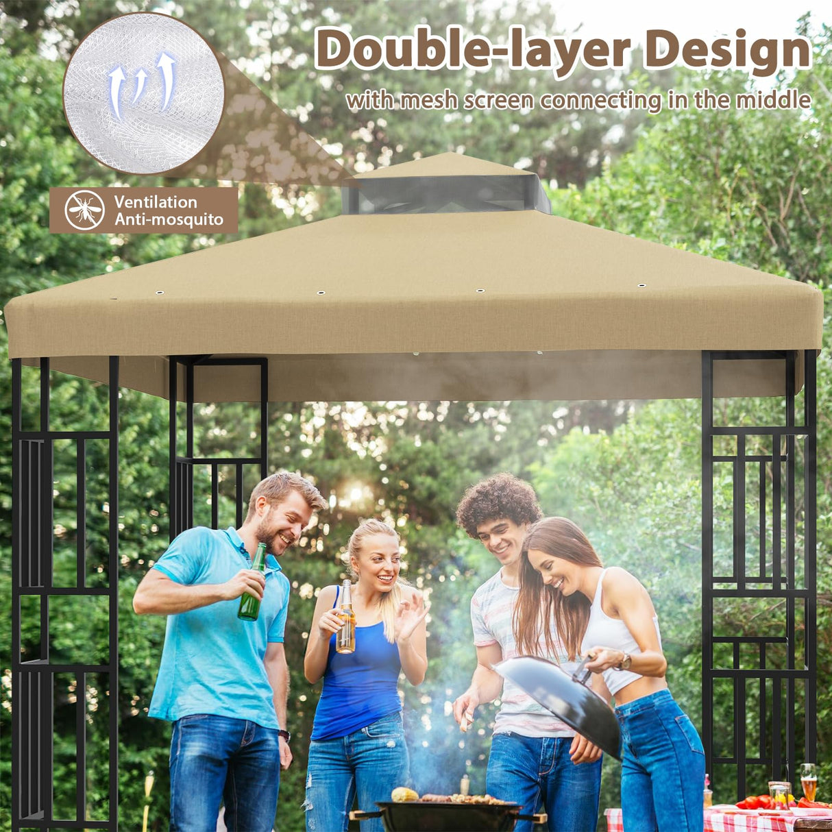 GUINGFUN 10 x 10 Gazebo Canopy Replacement Cover, Double Tiered Gazebo Canopy Replacement Top for Outdoor Patio Garden Canopy (Khaki) GUINGFUN