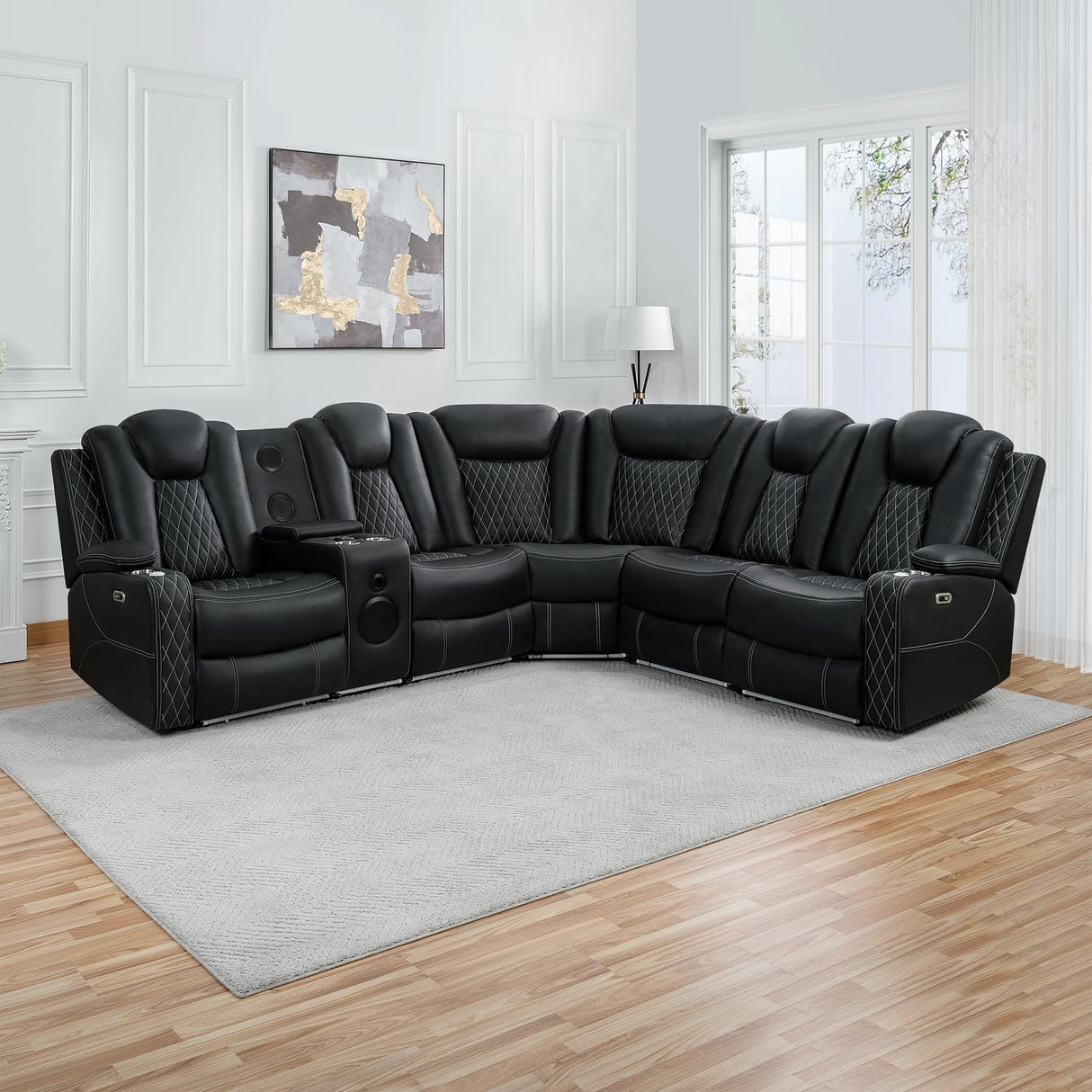 Naomi Home Chicago Luxury DIY Theater Sofa Set – Power Reclining Home Theater Seating with Adjustable Headrests, LED Lights, Bluetooth Speaker, Wireless Charging, USB & AUX Ports - Black Naomi Home