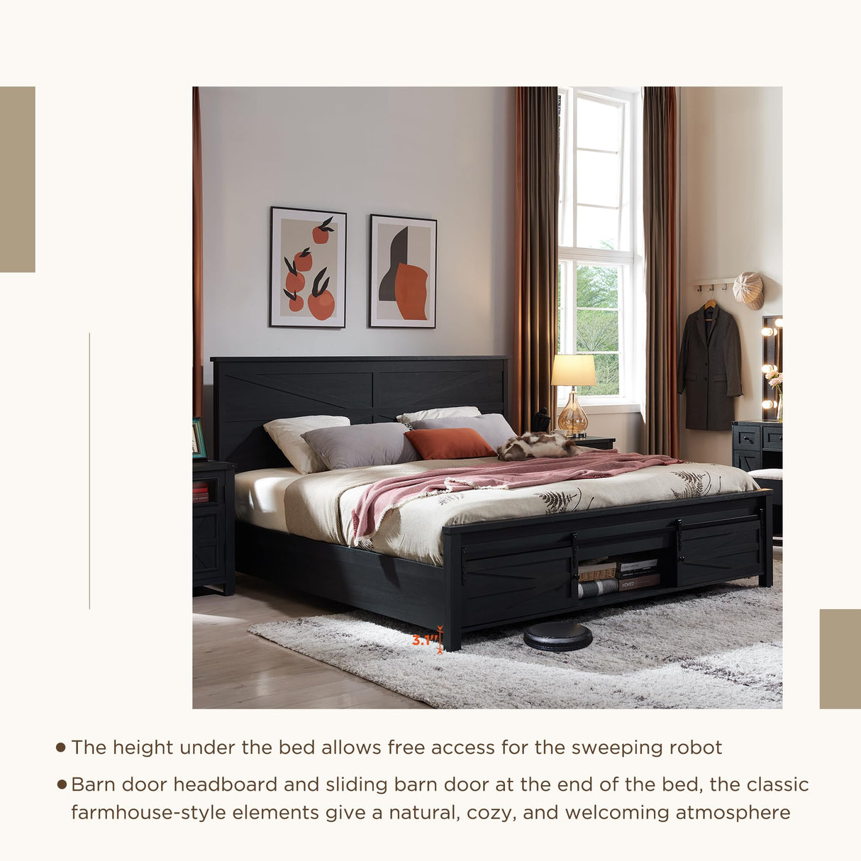 JXQTLINGMU Farmhouse Wood Bed Frame Queen Size with Sliding Barn Door Storage Cabinets and Headboard, Solid Wood Slats Support, Noiseless, No Box Spring Needed, Black JXQTLINGMU