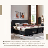 JXQTLINGMU Farmhouse Wood Bed Frame Queen Size with Sliding Barn Door Storage Cabinets and Headboard, Solid Wood Slats Support, Noiseless, No Box Spring Needed, Black JXQTLINGMU