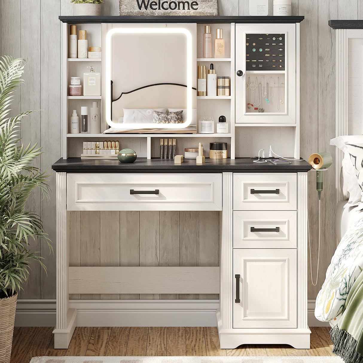 Maupvit Vanity Desk with Mirror and Lights, Makeup Vanity with 3 Drawers and Power Outlets, Farmhouse Makeup Vanity Desk with Lights, Dressing Table with Mirror for Bedroom, White Maupvit