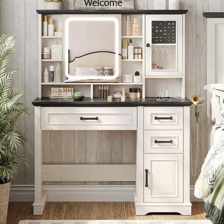 Maupvit Vanity Desk with Mirror and Lights, Makeup Vanity with 3 Drawers and Power Outlets, Farmhouse Makeup Vanity Desk with Lights, Dressing Table with Mirror for Bedroom, White Maupvit
