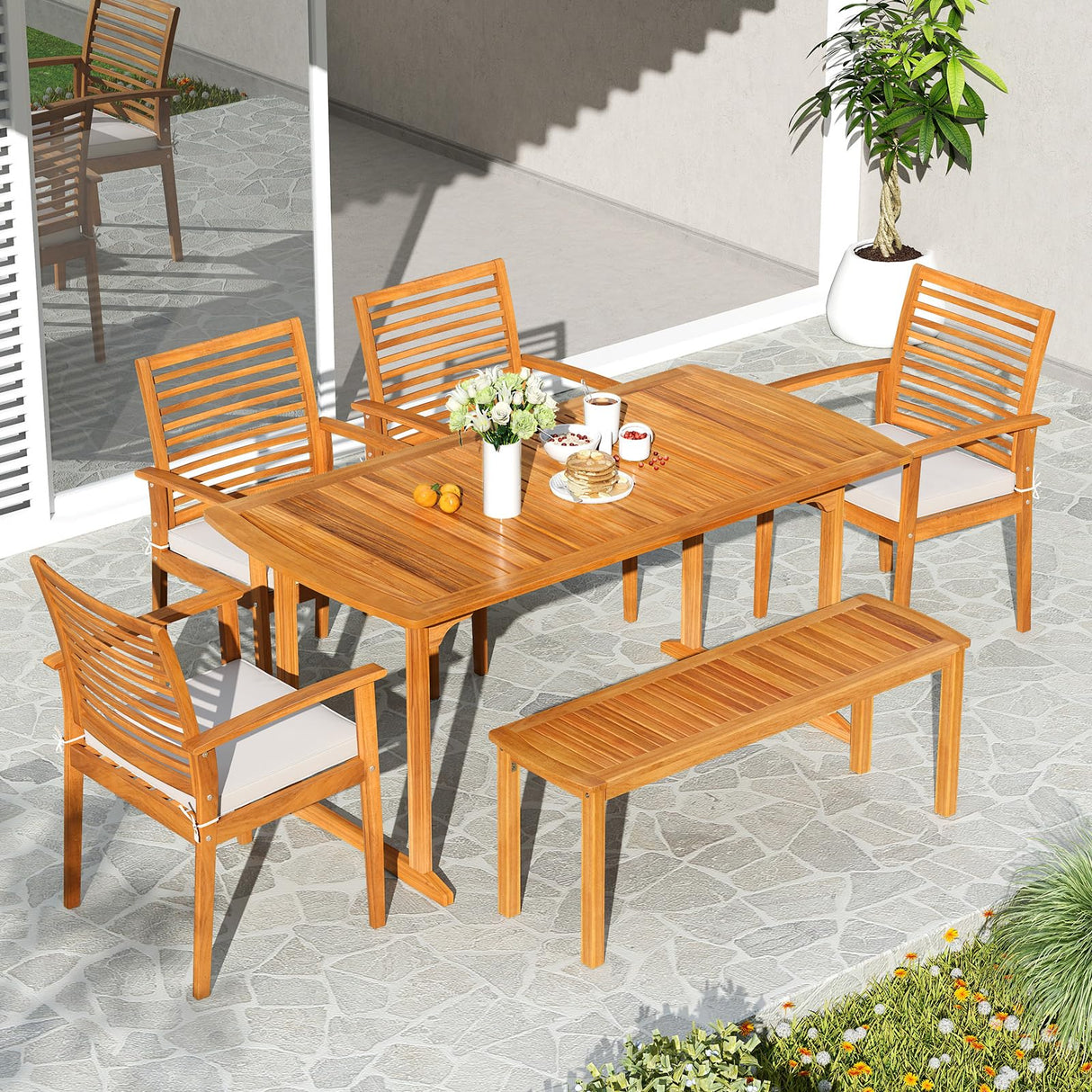 Tangkula 6 Pieces Outdoor Acacia Wood Dining Set, Rectangle Patio Dining Table with Umbrella Hole and 4 Cushioned Chairs and Bench, for Backyard Garden Poolside Deck Tangkula
