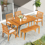 Tangkula 6 Pieces Outdoor Acacia Wood Dining Set, Rectangle Patio Dining Table with Umbrella Hole and 4 Cushioned Chairs and Bench, for Backyard Garden Poolside Deck Tangkula