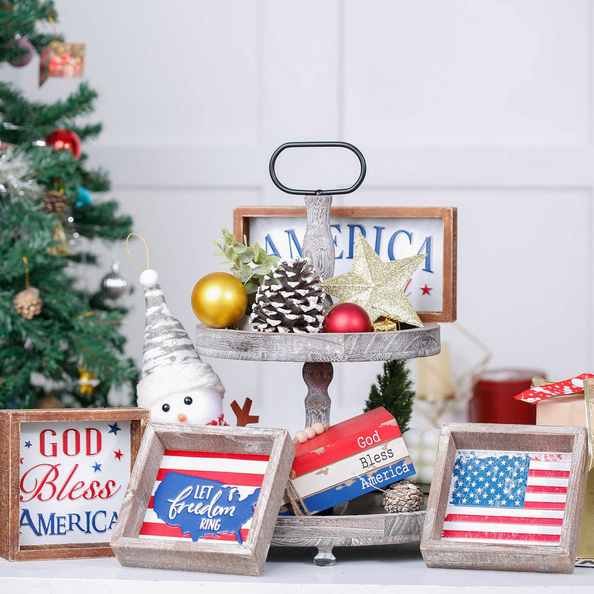 FESTWIND 4th of July Tiered Tray Decor, Wood Frame Embossed Metal USA Flag Block Sign, American Flag Table Decor for Fourth of July, Memorial Day, Patriotic Wood Decor for Shelves FESTWIND