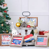 FESTWIND 4th of July Tiered Tray Decor, Wood Frame Embossed Metal USA Flag Block Sign, American Flag Table Decor for Fourth of July, Memorial Day, Patriotic Wood Decor for Shelves FESTWIND