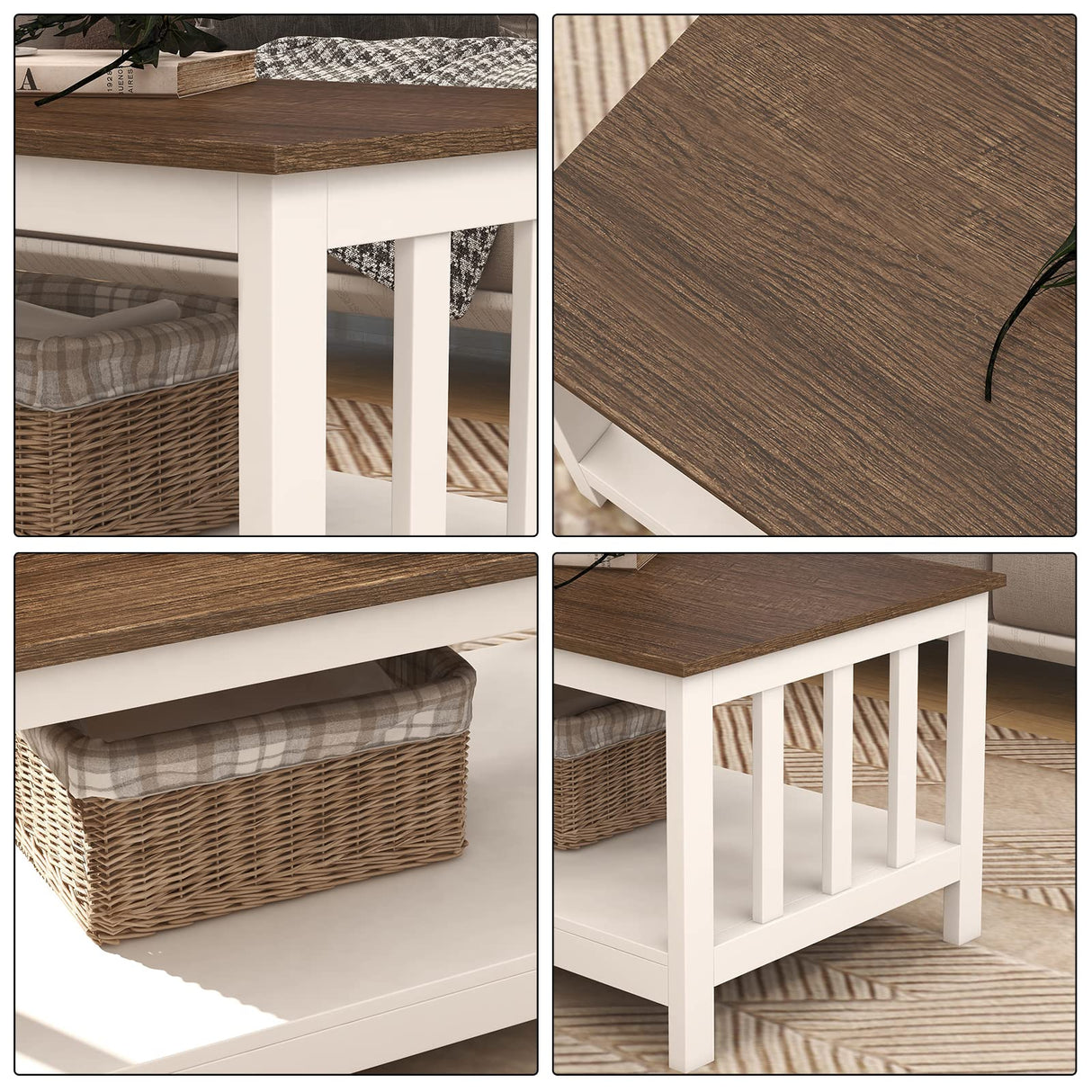 ChooChoo White Coffee Table, Farmhouse Living Room Table with Shelf, 40 Inch ChooChoo