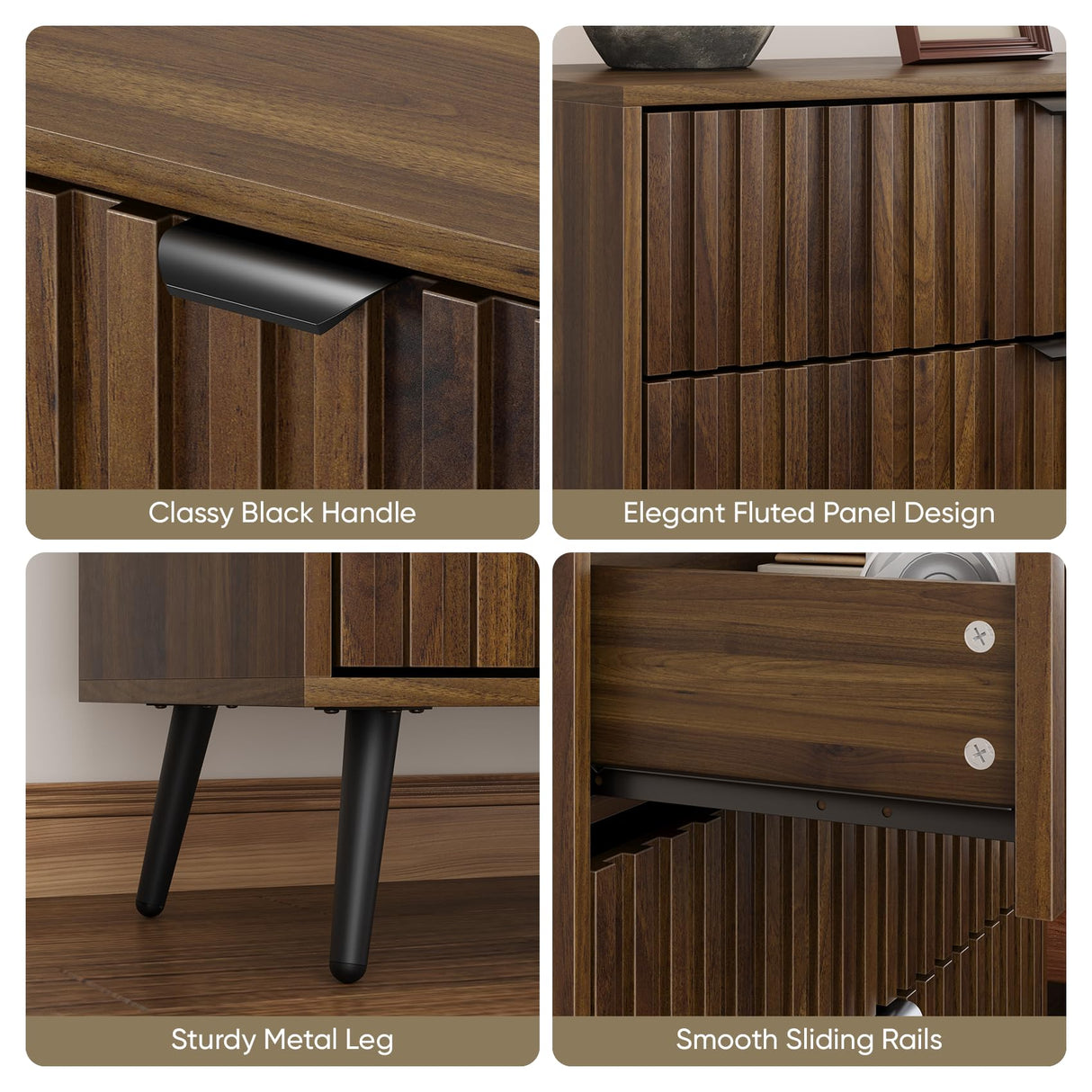 Smart FENDEE Fluted 3 Drawers Dresser, 31.5“ W Mid- Century Modern Wooden Chest of Drawers, Large Night Stand Organizer for Bedroom, Closet, Hallway, Entryway, Walnut Smart FENDEE