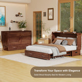 Keloyid Solid Wood Murphy Bed Cabinet：Queen Size Murphy Bed with USB Charging Station and Large Storage Drawer for Home，Optimize Sleeping Space（Mattress Not Included） Brown Yellow-9 Keloyid