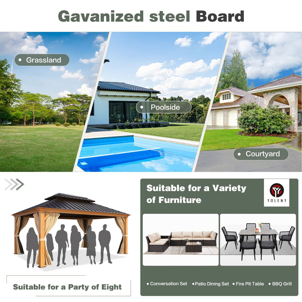 YOLENY 12' x 16' Gazebo, Hardtop Wood-Looking Gazebo with Galvanized Steel Double Roof, Aluminum Frame with Netting and Curtains for Deck, Backyard, Patio, Lawns YOLENY