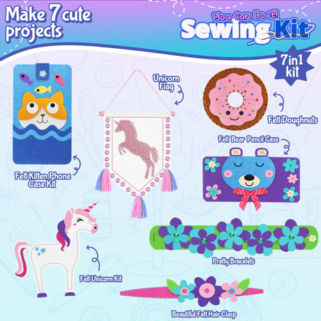 Play Brainy 7 in 1 Sewing Kits for Kids 8-12 - 14 Piece Sewing Kit for Beginners, Creative Arts & Crafts Kids Activity - DIY Make Your Own Pencil Case, Unicorn, & More - Play & Learn Sewing Kit Kids Play Brainy