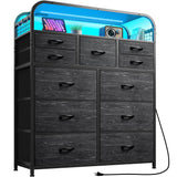 EnHomee Black Dresser with LED Lights & Charging Station,11 Drawers Dresser with 2 Tier Shelves & 4 Hooks, Fabric Dresser for Bedroom, Closet, Living Room, Entryway,Sturdy Frame,Wooden Top EnHomee