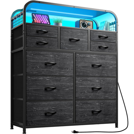 EnHomee Black Dresser with LED Lights & Charging Station,11 Drawers Dresser with 2 Tier Shelves & 4 Hooks, Fabric Dresser for Bedroom, Closet, Living Room, Entryway,Sturdy Frame,Wooden Top EnHomee