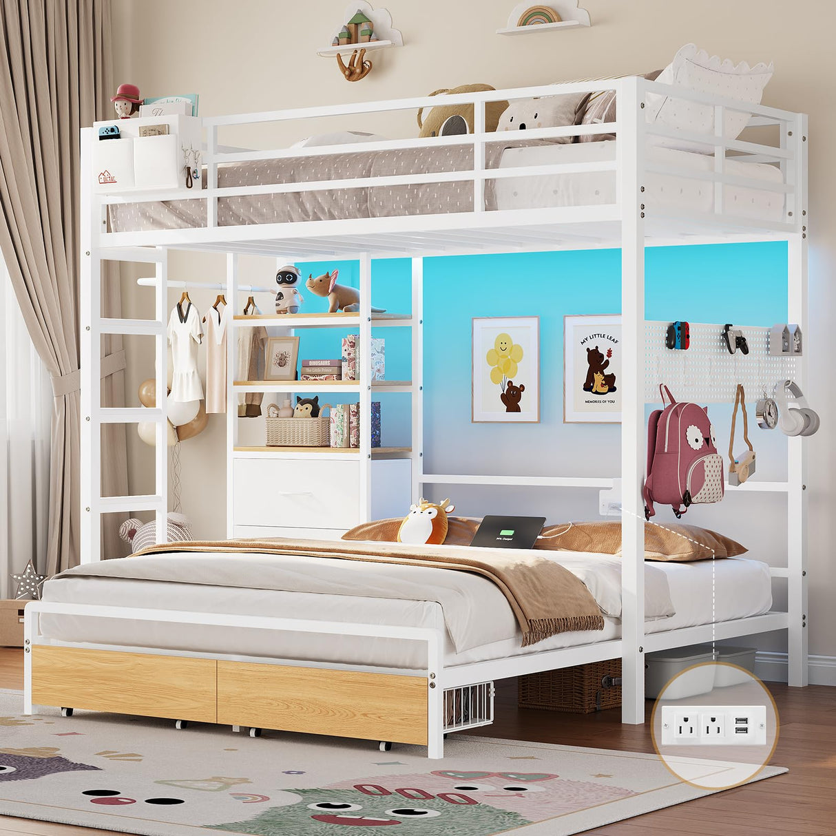 DICTAC Twin Over Full Bunk Bed with 4 Storage Drawers and 3-Tier Open Bookshelf Metal Bunk Bed with LED Lights,Charging Station and Organizer Pegboard,bunk Beds with Safety Guardrail and Ladder,White DICTAC