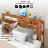 Queen Size Wooden Bed Frame with Storage Headboard & Charging Station, Farmhouse Platform Bedframe with LED Lights & Wood Slat Support, No Noise, No Box Spring Needed, Easy Assembly (Rustic Brown QNICE