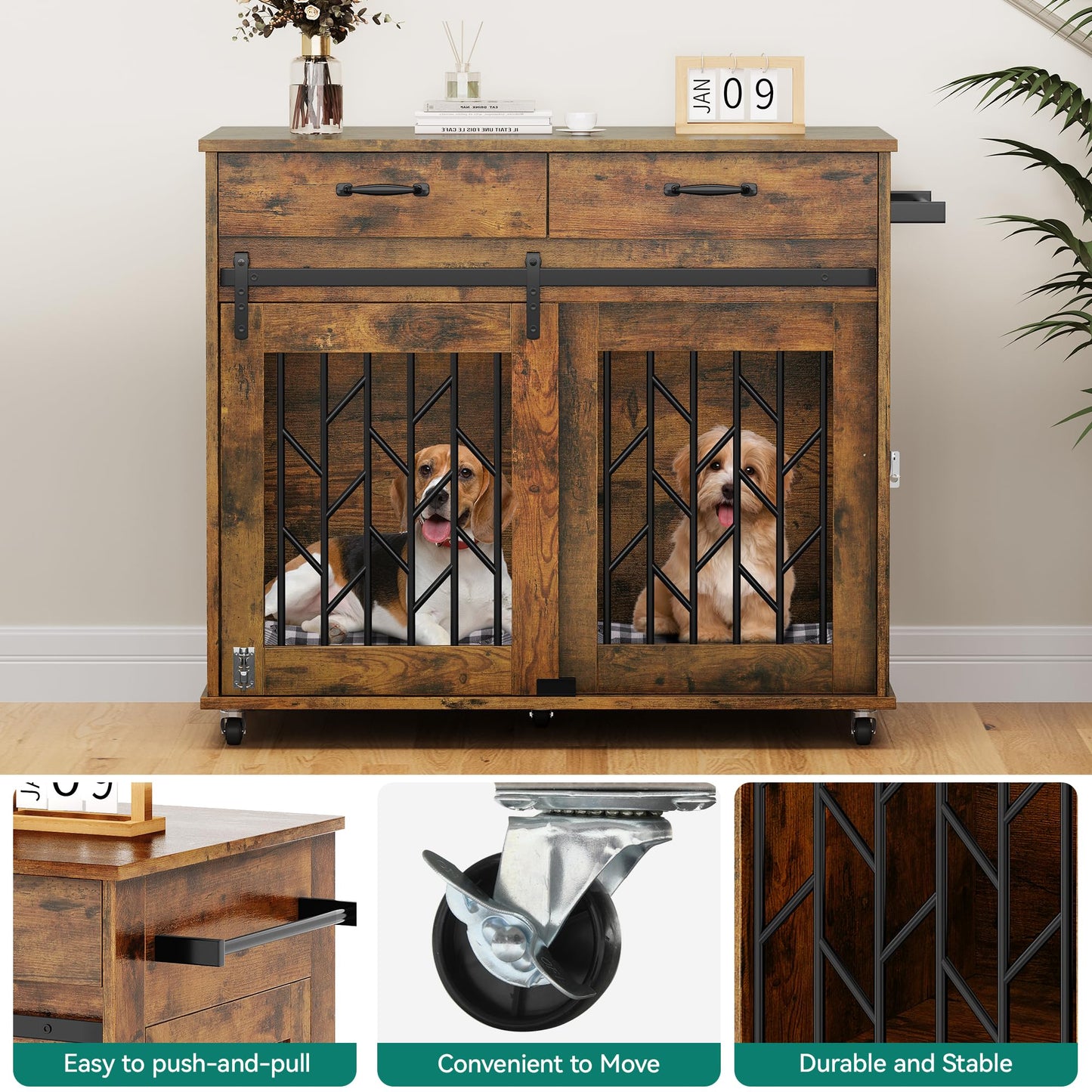 YITAHOME Dog Kennel Furniture for 2 Dogs, 39 inch Double Dog Crate with Storage Drawers, Indoor Wooden Dog House Heavy Duty for 2 Small Medium Dogs, Brown - WoodArtSupply