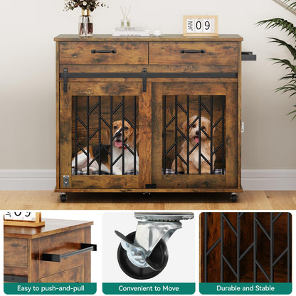 YITAHOME Dog Kennel Furniture for 2 Dogs, 39 inch Double Dog Crate with Storage Drawers, Indoor Wooden Dog House Heavy Duty for 2 Small Medium Dogs, Brown - WoodArtSupply