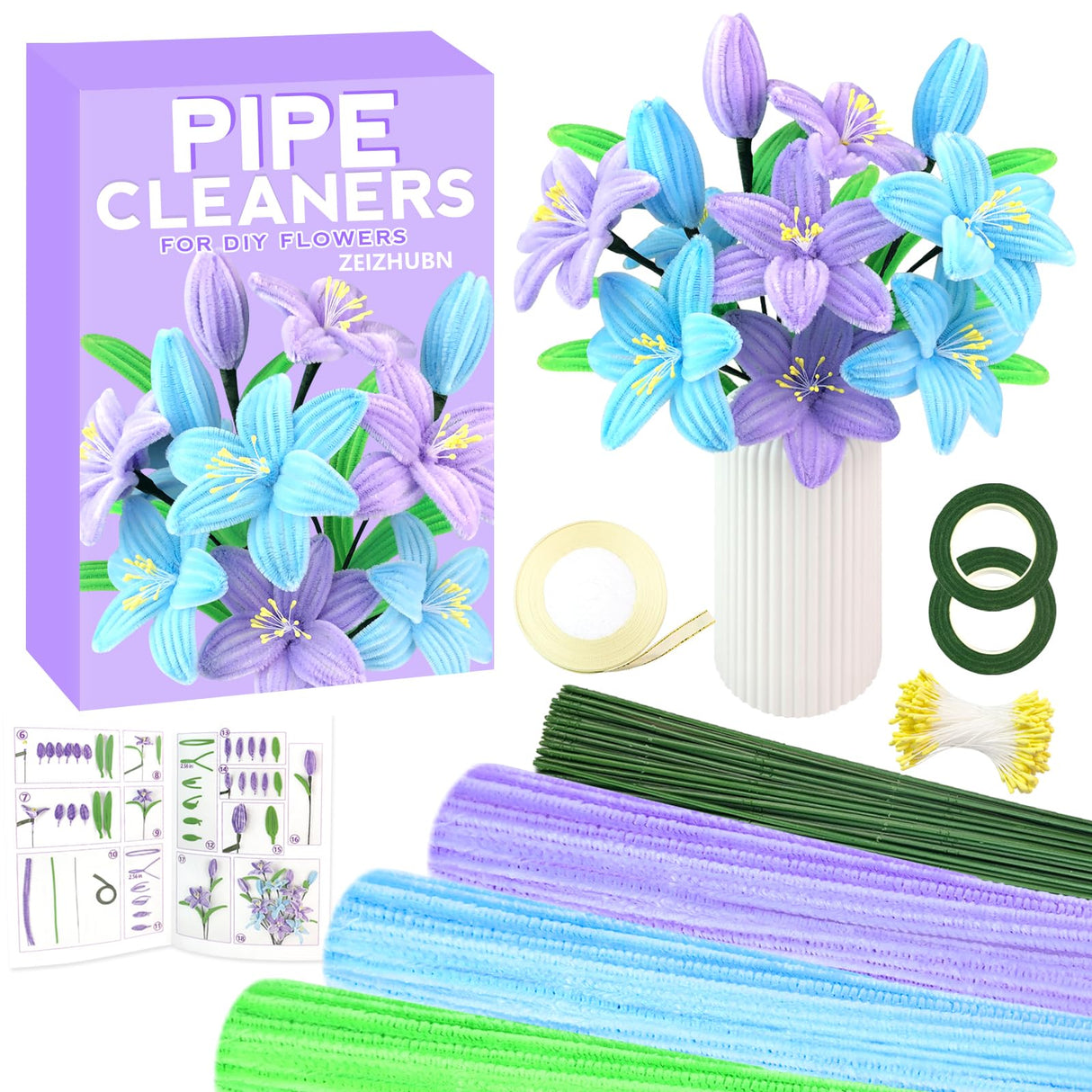 ZEIZHUBN 300 Pieces Pipe Cleaners, Pipe Cleaners Flower Bouquet Kit, Flower Making Kit with Floral Wires Tape, Art and Craft Supplies Projects DIY Decoration Holiday Party Birthday Gifts ZEIZHUBN