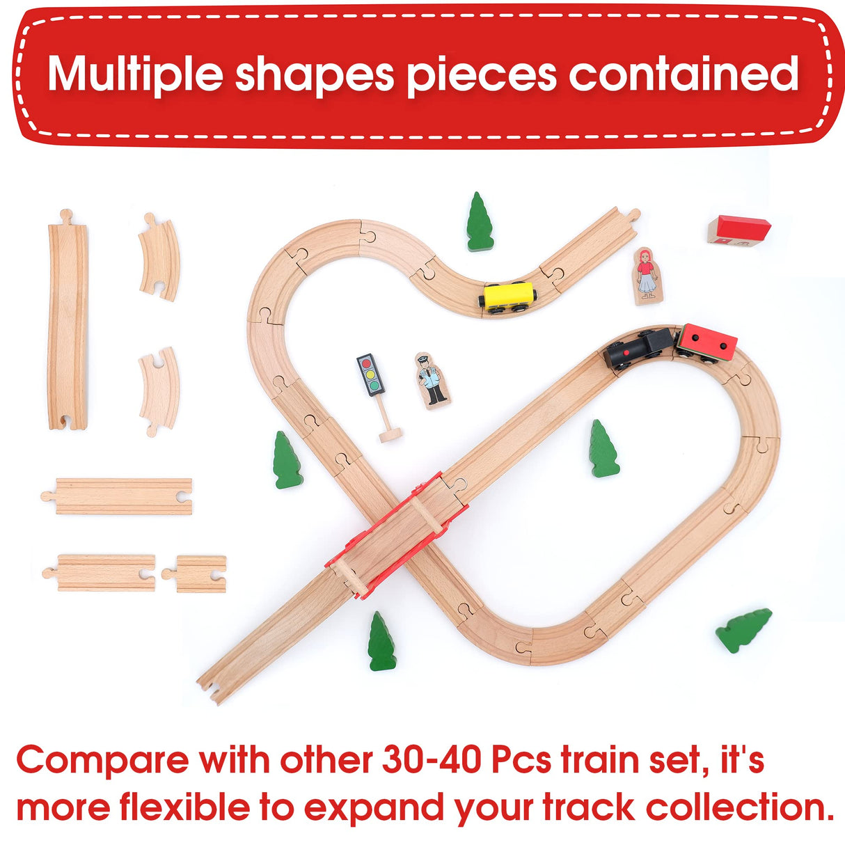Tiny Land Wooden Train Set for Toddler - 39 Pcs- with Wooden Tracks fits Thomas, fits Brio, fits Chuggington, fits Melissa and Doug - Expandable, Tiny Land