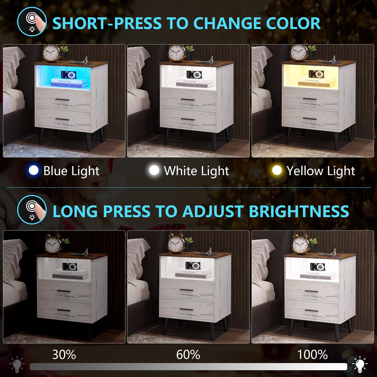 LVSOMT Nightstands Set of 2, White Nightstand with Charging Station, Night Stands with Human Body Induction, Bedside Tables with 2 Drawers, Open Shelf, Modern Night Stand for Bedroom LVSOMT