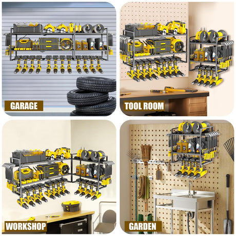 BILIONE 49'' W Extra Large Power Tool Organizer Wall Mount, 12 Drill Holders 3 Layers Heavy Duty Cordless Tool Rack, Load 450 LBS Storage Shelf for Garage, Workshop, Workbench, Gifts for Men Husband BILIONE