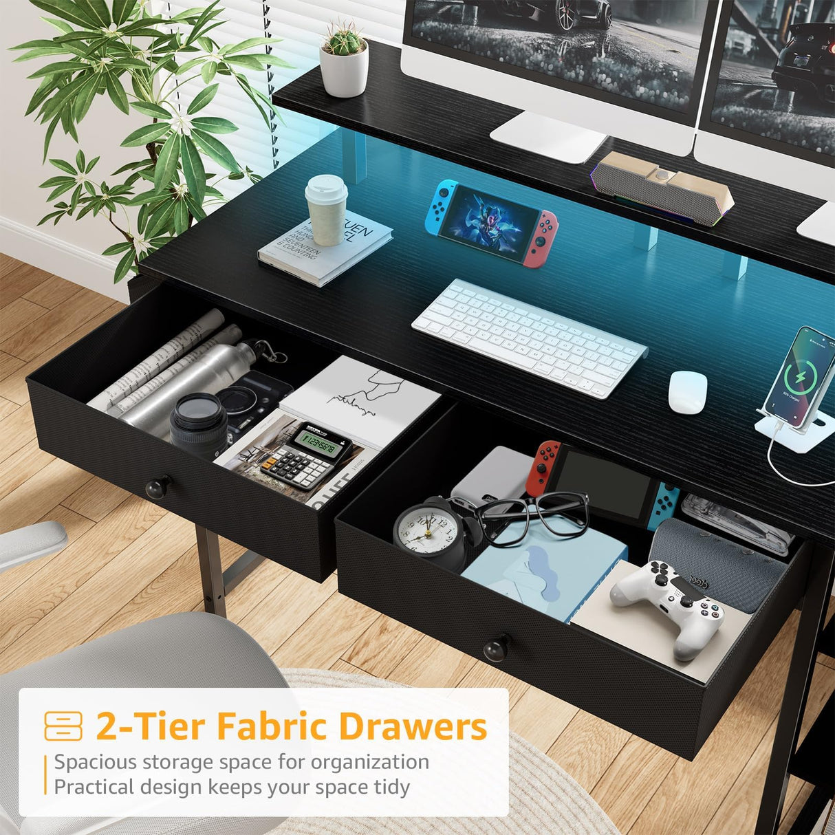 Black Computer Desk with Shelves and Drawers - 47 Inch Home Office Desk with Drawers and Shelves, Small Black Desk with Shelves, Computer Desk with Monitor Stand, RGB Gaming Desk with Power Outlet DLisiting