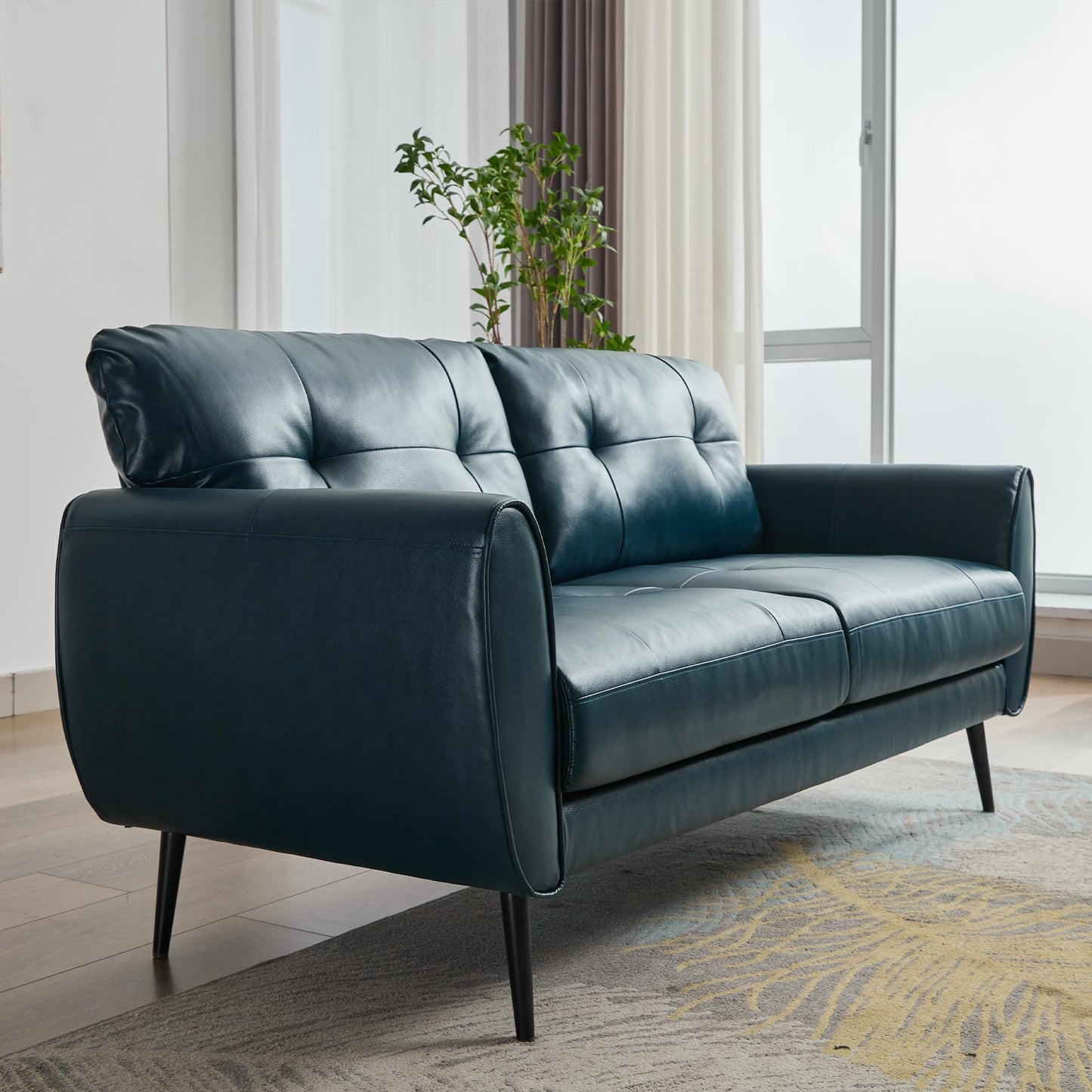 Sofa Couch 61" Small Loveseat Couches for Living Room Blue Leather Couch Mid Century Modern Tufted Mini Sofa Comfy Office 2 Seat Settee Love Seat Small Couches for Small Spaces Bedroom (1, Teal Blue)