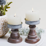 GenMous&Co. Decorative Candle Holders Pedestal Rustic Wood for Pillar Candle Farmhouse Candlestick Holder Galvanized Plate for Mantel, Dining Table, Centerpiece,Coffee Bar,Set of 2（Brown GENMOUS & CO.