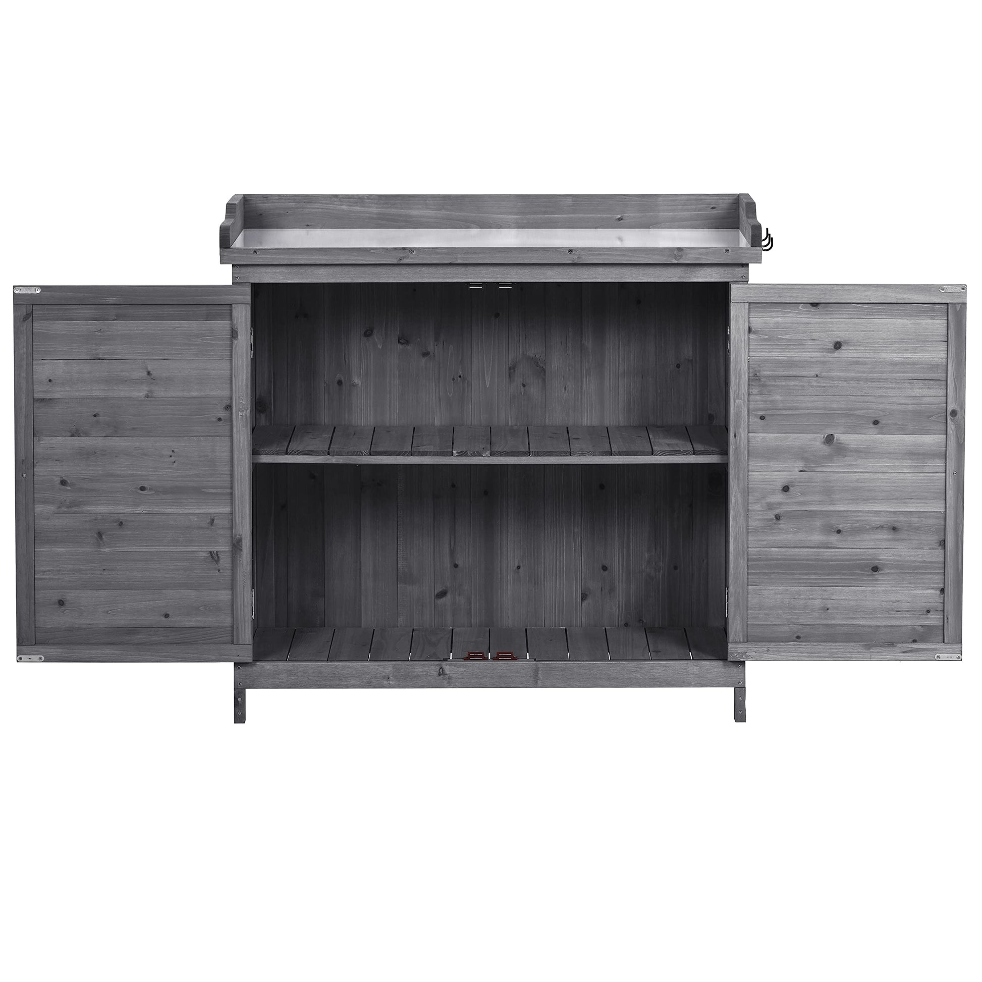 RUNNA Outdoor 39" Potting Bench Table, Rustic Garden Wood Workstation Storage Cabinet Garden Shed with 2-Tier Shelves and Side Hook (Grey#024) - WoodArtSupply