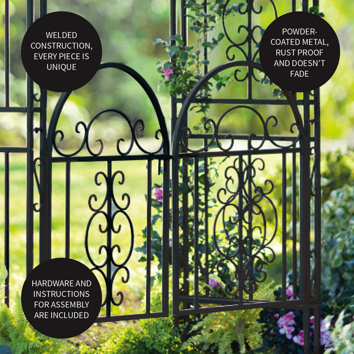 Plow & Hearth Arch Metal Outdoor Garden Arbor Double Gate | Montebello | 84" H x 53" W x 23" D | Gunmetal Black | Trellis Lattice Climbing Plants Plow & Hearth