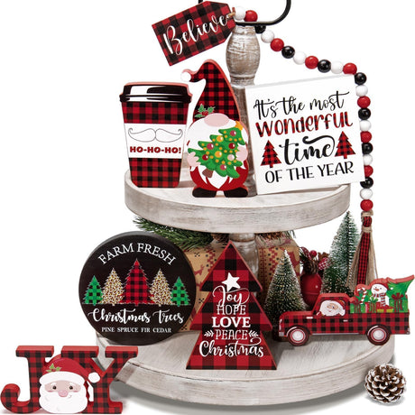 Christmas Tiered Tray Decor 8 PCS Xmas Decorations Indoor - Believe Merry Christmas Table Decor Wooden Signs - Xmas Farmhouse Decor 3 Tier or 2 Tier for Home Room Kitchen Mantel Holiday Asoulin