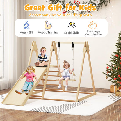 HONEY JOY Kids Indoor Jungle Gym, Large 5-in-1 Playground Climber Playset with Baby Swing, Slide Ramp, Ladder & Climbing Wall, Foldable Wooden Montessori Waldorf Play Gym, Climbing Toys for Toddlers